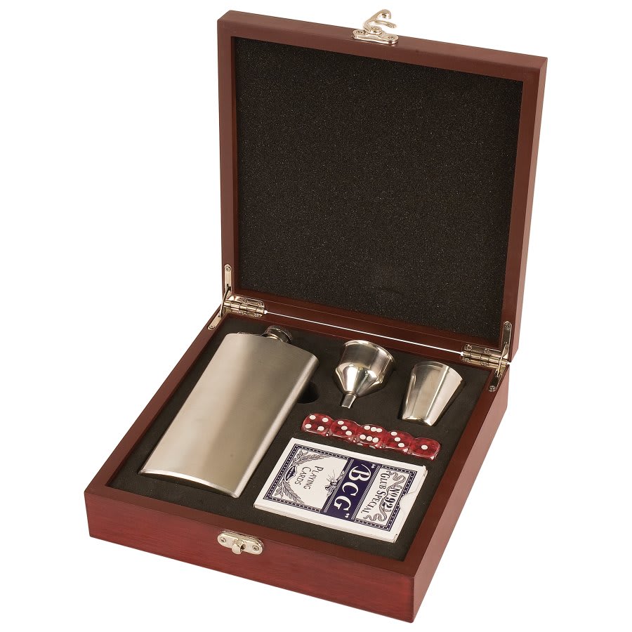 Rosewood Finish Flask Set with Playing Cards & Dice - Custom Laser Engraving Available