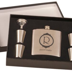 6 oz. Stainless Steel Flask Set in Black Presentation Box with Custom Laser Engraving